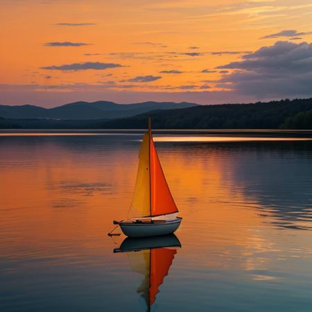 A serene landscape scene at sunset, with the entire composition dominated by shades of orange. The sky is filled with orange hues, reflecting on a calm lake that occupies the lower half of the image. A solitary tree with orange leaves stands on the shore of the lake, and a small, orange sailboat floats gently on the water. The overall atmosphere is peaceful and imbued with warm orange tones, creating a cohesive and color-themed visual experience