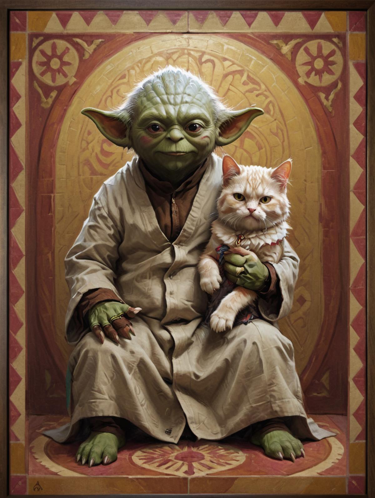 A painting of Yoda holding a cat.
