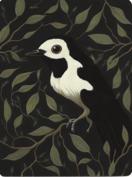 <lora:Dixit:1>a painting of a black and white bird with branches on its head