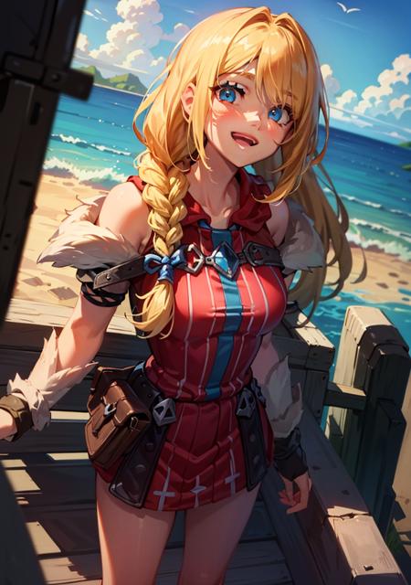 Beach, 1girl, astridWaifu, (long hair, blonde, blue eyes, braid:1.2), (pink dress, mini skirt, bare legs:1.2), warm light, curvy, smile, :D, from below, (dynamic_angle), (dynamic_pose:1.2), 
(detailed landscape:1.2), (dynamic_perspective:1.2),
(masterpiece:1.2), (best quality, highest quality), (ultra detailed), (8k, 4k, intricate), (full body:1), (highly detailed:1.2),(detailed face:1), (ambient light:1),(cinematic composition),(HDR:1),(perfect_anatomy:1.2),
 <lora:Astrid_Character:0.7>