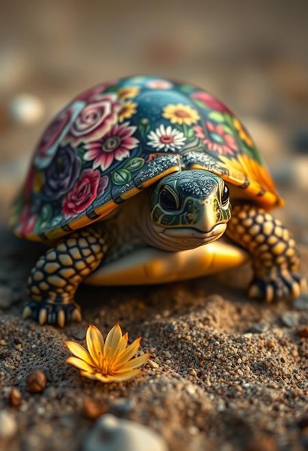 In a hyper-realistic image, an adorable little turtle is depicted with a shell that's been transformed into a stunning work of art. The shell is painted with an elaborate and beautiful design, featuring a vibrant array of colorful flowers, including roses, daisies, and sunflowers. The flowers are rendered in exquisite detail, with delicate petals and intricate textures that seem to leap off the shell. The colors are bright and bold, with subtle shading and gradations that give the painting a sense of depth and dimensionality. The turtle itself is equally well-rendered, with a sweet, gentle expression and a soft, scaly texture that invites the viewer to touch. The surrounding environment is a serene and peaceful setting, with soft, muted colors and a sense of calm tranquility. The overall effect is one of breathtaking beauty and wonder, as if the turtle's shell has been transformed into a miniature masterpiece of art. Highest-Quality, 4k, intricate details, visually stunning, Masterpiece