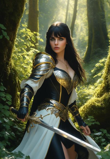 safe_pos, score_7_up, 1girl, beautiful, black hair, long hair, bangs, fair skin, big natural breasts, lips parted, black armor, armor, gold details, sword, forest, dappled sunlight, looking at viewer, white cape, Expressive, beautiful face, black lipstick, gold eye shadow, beautiful eyes, gold jewelry, (portrait, upper body:1.85)
Background: A lush, enchanted forest with towering ancient trees and vibrant foliage. Dappled sunlight filters through the canopy, casting soft, golden rays. The forest floor is covered in a carpet of moss and wildflowers. A crystal-clear stream flows nearby, reflecting the sunlight. In the distance, a mystical stone archway, overgrown with ivy, adds a touch of magic. The air is filled with the scent of blooming flowers and the soft hum of nature. 
 (8k uhd:1,4)
 <lora:add-detail-xl:1>
 <lora:Dynamic Poses:1>
((((full-clothed)))),
score_9, score_8_up, score_7_up, score_6_up, rating_explicit, Expressiveh,
<lora:DandonFuga_Style_v.2_-_Pony:0.8>
<lora:Expressive_H:0.4>,<lora:EnvyPonySoftBeauty01:0.4>, <lora:detailed_notrigger:2>