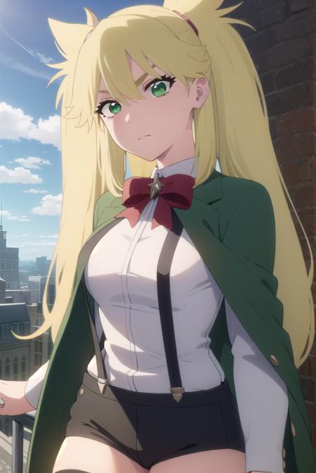 ninny spangcole, long hair, blonde hair, (green eyes:1.5), twintails, two side up, shirt, thighhighs, long sleeves, bow, jacket, white shirt, shorts, bowtie, red bow, thigh strap, capelet, black shorts, suspenders, green jacket, suspender shorts,