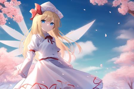 masterpiece, best quality, <lora:lilywhite-000009:0.55>,lily white,touhou, long hair,blonde hair,white hat with red pattern,white dress,white sleeves,blue eyes,wings, standing,cherry blossoms, blue sky,clear sky,spring \(season\),flat chest,looking at viewer,