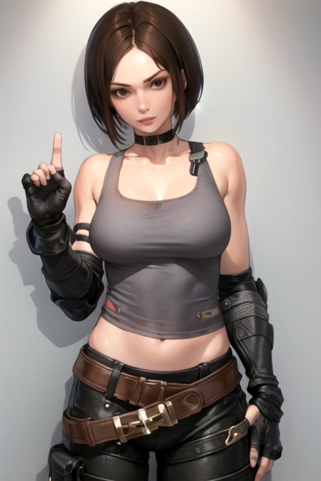 TrishkaNovak, 1girl, solo, short hair, brown hair, gloves, bare shoulders, midriff, belt, pants, fingerless gloves, tank top, elbow pads