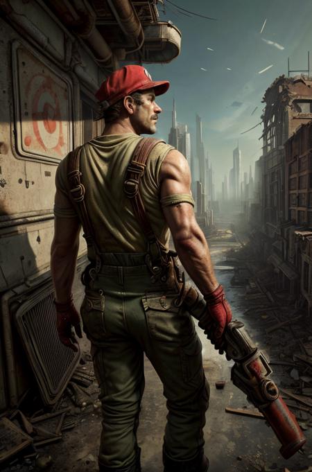 Captivating Photo of Mario exploring a dilapidated, post-apocalyptic cityscape, his iconic red hat and overalls contrasting sharply with the muted tones of the Fallout world, cautiously navigating through ruins with a Pip-Boy on his arm  <lora:more_details:0.6>  <lora:CyberPunkAI:0.6>