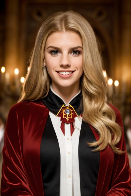 Professional photograph of a wizard woman, (up close portrait) she's 28 years old, she's <lora:charlottemckinney:0.6> charlottemckinney, she is wearing a black wizard's robe, hogwarts style. Shes' got blonde hair combed to the sides. She's nerdy. She's smiling at the viewer, standing in (Hogwarts) - beautiful common room, it's a large living room with wood furniture, a fireplace, paintings on the walls, and red velvet carpet on the ground. (She's wearing a dark robe with a white shirt) she's wearing a (striped red and gold tie). She's tall and pretty, freckled, and has a toothy smile. Looks like a nerd. 8k, masterpiece, highest quality, fantasy genre. (She's from Gryffindor.) harry potter genre. Bokeh, contrasting colours, warm lighting, British school scene, highest quality