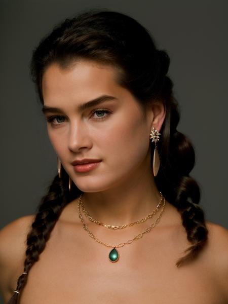 A beautiful br00k3s woman, 1girl,solo,long hair,looking at viewer,brown hair,black hair,dress,jewelry,upper body,braid,earrings,necklace,lips,grey eyes,single braid,makeup,realistic,red lips,soft lighting, professional Photography, Photorealistic, detailed, RAW, analog, sharp focus, 8k, HD, high quality, masterpiece<lora:br00k3s:1.0>