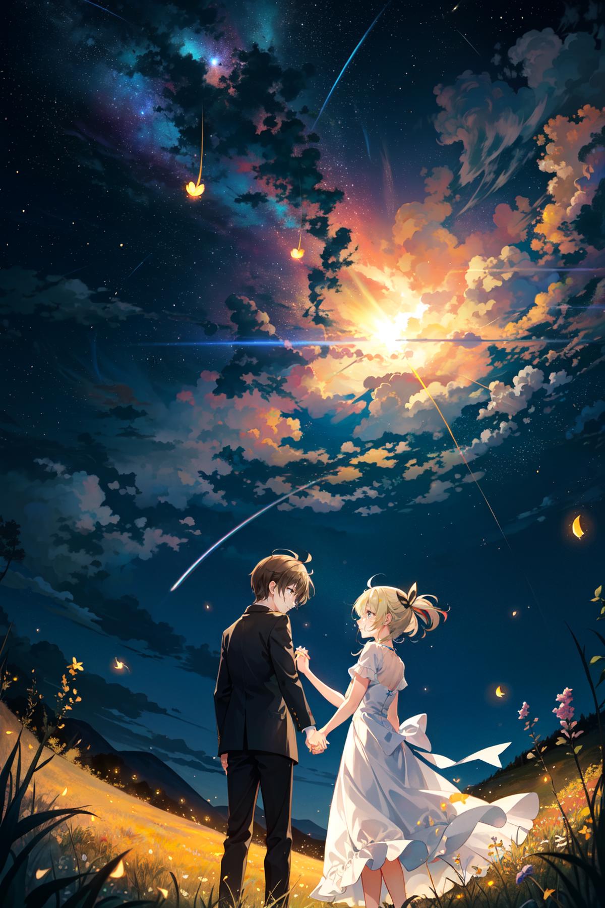 A couple stands together under a starry night sky.