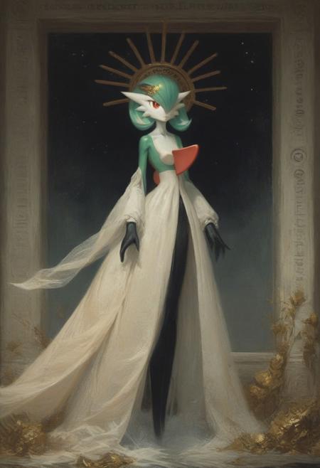 ((score_9, score_8_up, score_7_up)), (high contrast), (flat shapes), vertical lines, oil painting, realistic, grimdark, 
gardevoir, green_hair, green_skin, hair_over_one_eye, pokemon, 
An enigmatic figure of an old god, (golden metalic mask of alien cat), black skin, majestic white outfit, holding huge gold spear, metallic, ((jewelry)), Ancient mystique. gesturing hands, bare feet, Egyptian. 
surreal background, under a dark starry sky. The style of a vintage, high-contrast setting. Emphasize theatrical elements, extreme contrast of bright colors against dark, moody backgrounds, ph4nt0m01l, style-empire, hand