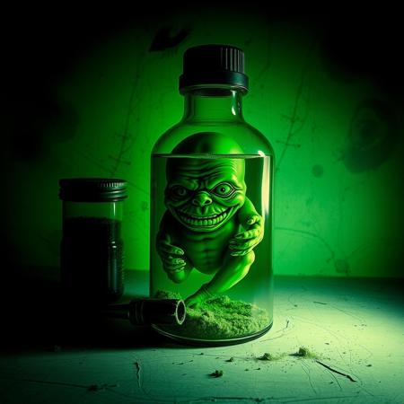 Dark and ominous artwork featuring a lab vat tank containing a green oversized hideous deformed smiling fetus squished inside the small bottle, obscure art, artstation, weird art, occult art, splash art, goth, grotesque, disgusting, shock value, photography, stoner doom, green hue, coverart