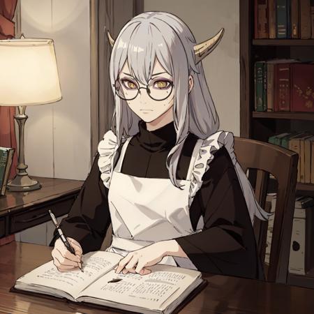 snake yakushi kubato, 1girl,long black robes, long sliver hair, slitted pupils, round glasses, slim waist,(((girl))), girl,  white skin, indoors,  ((long hair)), long robes, sandels, ((white apron)), orphanage background, upper body portrait, black sleeves, sitting at a desk, writing, lamp, study background, night, books