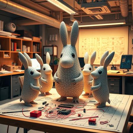 moomin, artistic, masterpiece, design space, office, electronics, circuit, eight moomins, very detailed, abstract objects, well organized space, warm lighting, vibrant colors, blueprint, discussion, design plans, technical drawings, positive vibe,