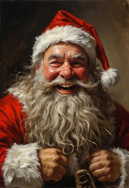 Laughing fantasy dwarf in Santa Claus costume, masterful painting in the style of Anders Zorn | Marco Mazzoni | Yuri Ivanovich, Todd McFarlane, oil on canvas