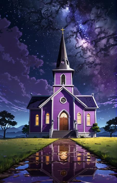 purple church and wet ground under night sky,anime background for half-length character,very detailed,trending on artstation, view from below