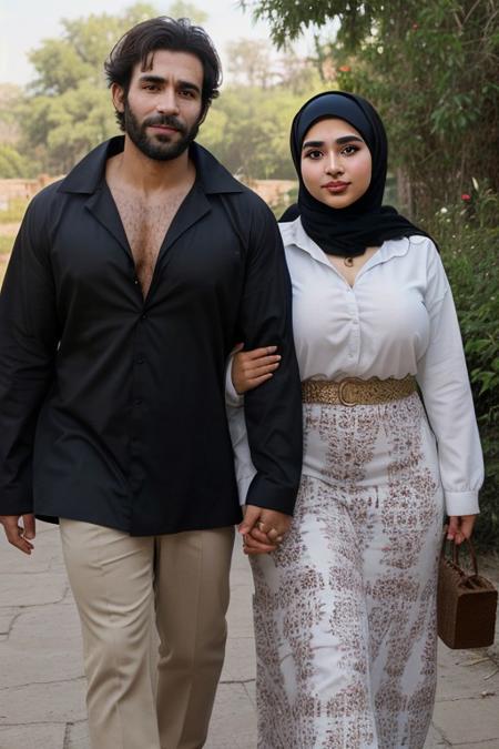 high quality, egytian style, traditional clothes, happiness, smile,  brown eyes, dark hair, 1male, dilf, rough looking, manly face, strong facial features, full beard, thick hair, hairy chest, hairy body, 1female, huge tits, big boobs, curvy body, big Cleavage, wide hips, thick hips, hijab, soft focus, soft light, 2characters, 2peoples, straight couple, couple,