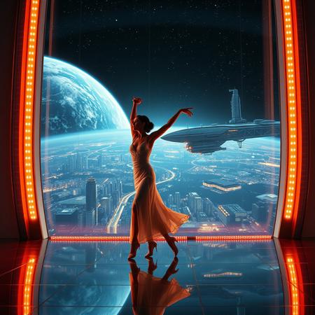 a beautiful elegant female dancer is dancing on a futuristic stage micro-LED lighted, behind the dancer on the stage is an enormous seamless and futuristic wall to wall and floor to ceiling window that looks out at a planet from low orbit, the planet is covered with the lights of enormous buildings and cities, An enormous deco starship with futuristic lighting and an enormous space station are visible in the background among the stars, Artistic art deco, dynamic perspective, (((overall architectural aesthetic is Art Deco Cyberpunk))).  Epic image that elicits a feeling of wonder and awe,