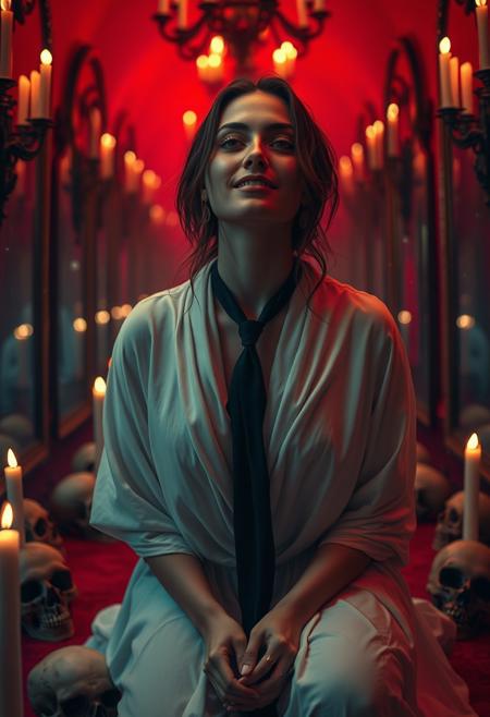 A beautiful woman from the Arcane Industrial Age era, wearing draped white tunic, lit by trembling candles, set in infinite mirrors in a red room, with skulls, kneeling in prayer, with a haunting smile, extreme close-up, strange glowing particles in the air, wearing a black tie. with empty eyes that stare into the soul, oppressive silence