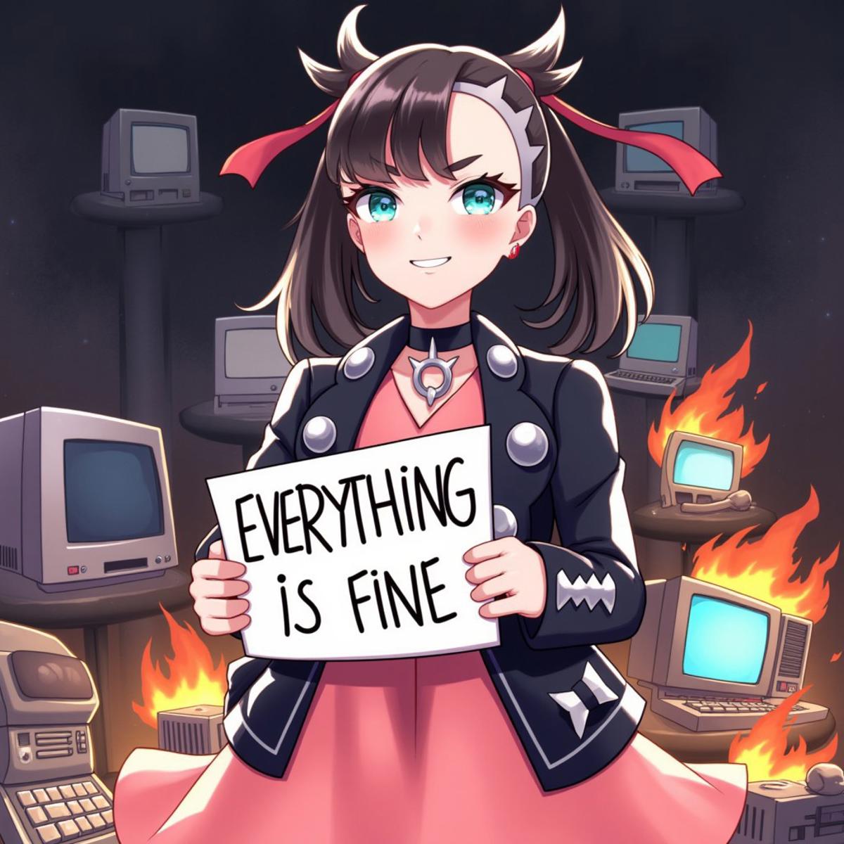 Grinning zzMarnie with aqua eyes wearing a choker, black jacket and pink dress holding a sign that says "Everything is fine" while computer equipment is burning around her. She smiles at you with an cute look.