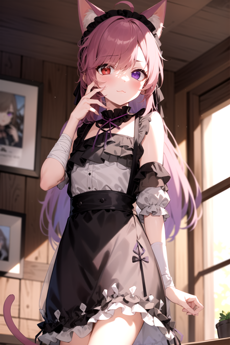 2d, masterpiece, best quality, highly detailed face, highly detailed eyes, highly detailed background, perfect lighting, cowboy shot, 1girl, solo, mikeneko, cat tail, black dress, heterochromia, purple eyes, red eyes, bandaged arm, ribbon, standing, :\3, hand on own face, indoors <lora:mikeneko-20:1>