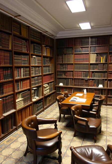 This room is not very generously furnished, but importantly it is well
stocked.  There are twelve stacks, each full to the brim with aging
leather-bound books.  There are also four rectangular tables and leather
chairs for residents to read at in peace.  The floor and ceiling are decorated
like much of the hostel, but there are no walls.