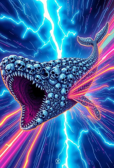 "Create an anime-style image of a gargantuan whale flying through the air at incredible velocity, its mouth agape and revealing a cavernous void within. But this is no ordinary whale - its body is composed of hundreds of skulls, all conjoined together in a macabre yet mesmerizing spectacle. As it flies, the whale leaves behind a trail of vibrant, rainbow-colored light trails that streak across the sky like a comet's tail. The background is a deep, electric blue, with lightning-fast streaks of light and energy radiating outward from the whale. The image should be rendered in a dynamic, high-energy style, with bold lines, vibrant colors, and a sense of frenetic, cosmic chaos. Think 'Berserk' meets 'One Piece'."