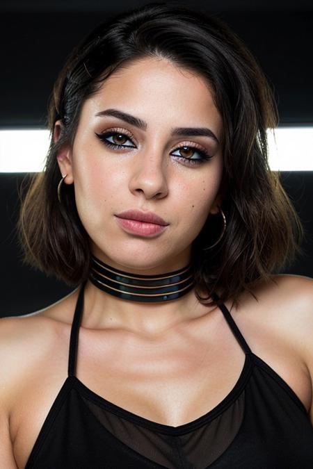 tomboy, ultra realistic close up portrait ((beautiful cyberpunk female with heavy black eyeliner)), black eyes, braided shaved side haircut, heterochromia, (left eye ble: 1.0), hyper detail, cinematic lighting, magic neon, dark red city, Canon EOS R3, nikon, f/1.4, ISO 200, 1/160s, 8K, RAW, unedited, symmetrical balance, (smile:0.4), <lora:add_detail:1> <lora:LowRA:0.5> <lora:ArabWomenFawziV2_Lightweight:0.7>