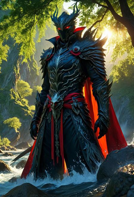 A striking and awe-inspiring graphic novel scene depicts the sinister Boss Rouge assassin, the armored leader of his clan from Final Fantasy 15. He stands ominously atop a riverbank, illuminated by the soft light of the setting sun, with trees casting a mesmerizing glow. The assassin's tattered white armor is embellished with delicate red accents and a flowing cape, incorporating dark fantasy and Lovecraftian elements. The artist's expert 3D rendering creates a cinematic experience, engulfing viewers within this atmospheric setting.
The harmonious fusion of vibrant painting, architecture, portrait photography, anime, poster, photo, cinematic, and other artistic elements culminates in this visual masterpiece, showcasing elements of dark fantasy, fashion, and ukiyo-e art.