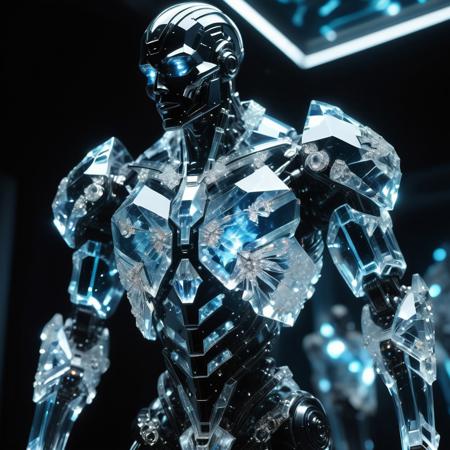 close-up dramatic angle, humanoid crystal mech made of crystals, intricate obsidian and diamond plating, cosmos reflected in polished surfaces, bioluminescent energy between crystal joints, mechanical precision, crystalline geometric patterns, raw crystal growths on shoulders, angular sharp design, internal light source, ethereal glow, translucent limbs showing complex inner workings, contrasting textures, microscopic crystal detail, battle-ready posture, technological marvel, cinematic lighting, depth of field focus on crystal details, imposing scale suggestion