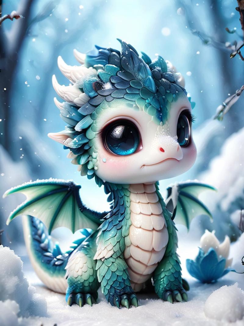 An adorable blue and white dragon figurine stands in the snow.
