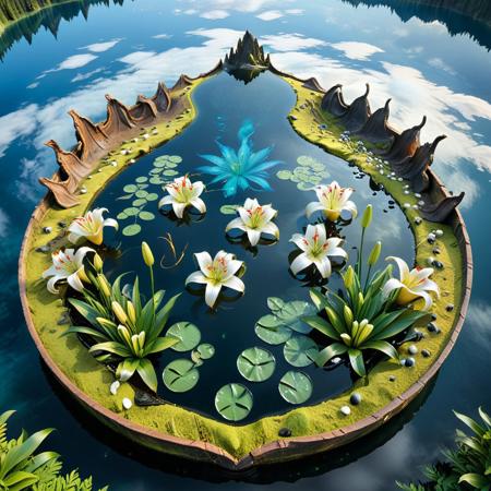 a garden of glass lilies blooming in the shallows of a crater lake shaped like a teardrop, petals catching mist from passing clouds, wind forming slow spirals in the concave water basin, insects skating across mirrored puddles, tearStyle2