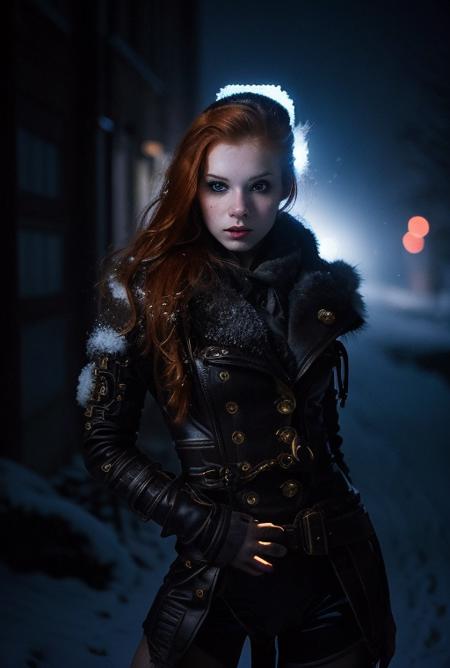 ginger, Artistic Portrait 18yo beautiful woman, perfect nose, perfect face, perfect, gorgerous, slim girl , Caucasian, white skin, white eyes,  snowstorm,  snow, wind, blizzard, light theme, steampunk outfit, black eyeliner, cinematic light, Night Photography, Light Beans, dramatic light, intricate details <lora:ginger_v03:0.6> <lora:steampunkengis_ss13_mech:1>