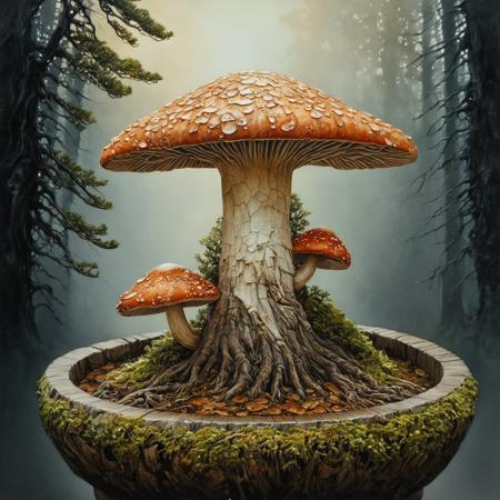 brocade cracked kintsugi artistic, wet watercolor painting of beautiful mushroom in bonsai pot, dark forest scenery, mesmerizing beauty, pretty features, iridescent, Peter Gric, Karol Bak, colorful, complex masterwork by head of prompt engineering   <lora:FF-Style-KAROL-BAK.LORA:0.7> <lora:Peter_Gric_style_SDXL:0.7>