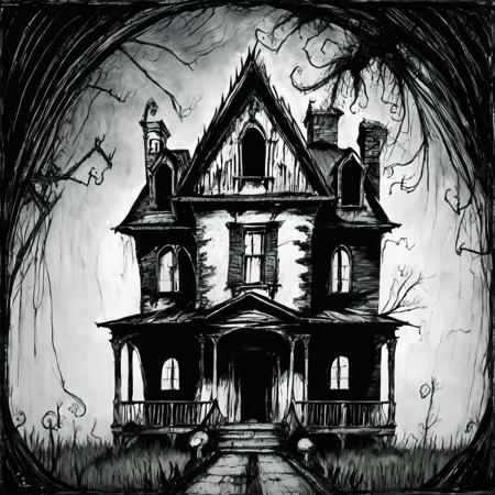 abandoned house and spiderwebs , junji ito manga, tim burton movie, ink lineart    <lyco:darkfairytales:1.0>
