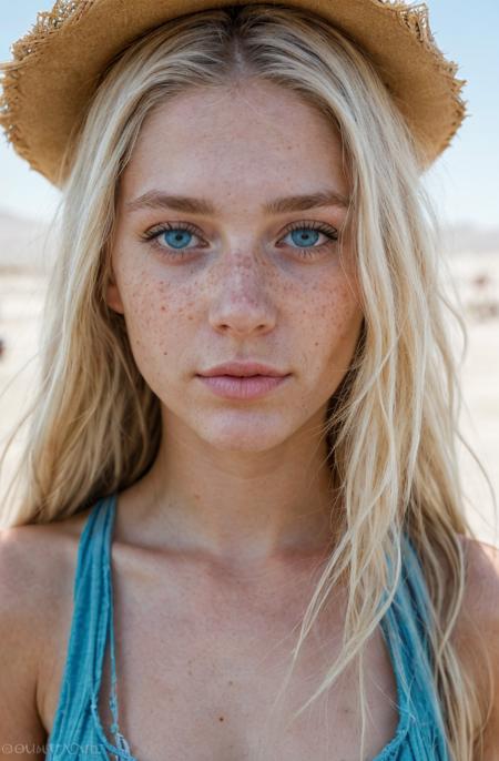 portrait of a cute and beautiful 24 year old blonde hippie, crystal clear blue eyes, burning man festival, submissive look, soft light, summer, freckles, goosebumps, hard shadows