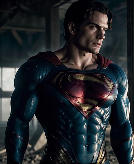 Photo of Henry cavill is superman , superhero, upper body,cinematic, movie, grain movie (2023s)1boy, building destroyed , realistic , (8k, RAW photo, best quality, masterpiece:1.2), (realistic, photo-realistic:1.33), best quality, detailed eyes blue, cute,natural lighting, depth of field, film grain, wrinkled skin, sharp, <lyco:locon_henry_v1_from_v1_64_32:1.0>