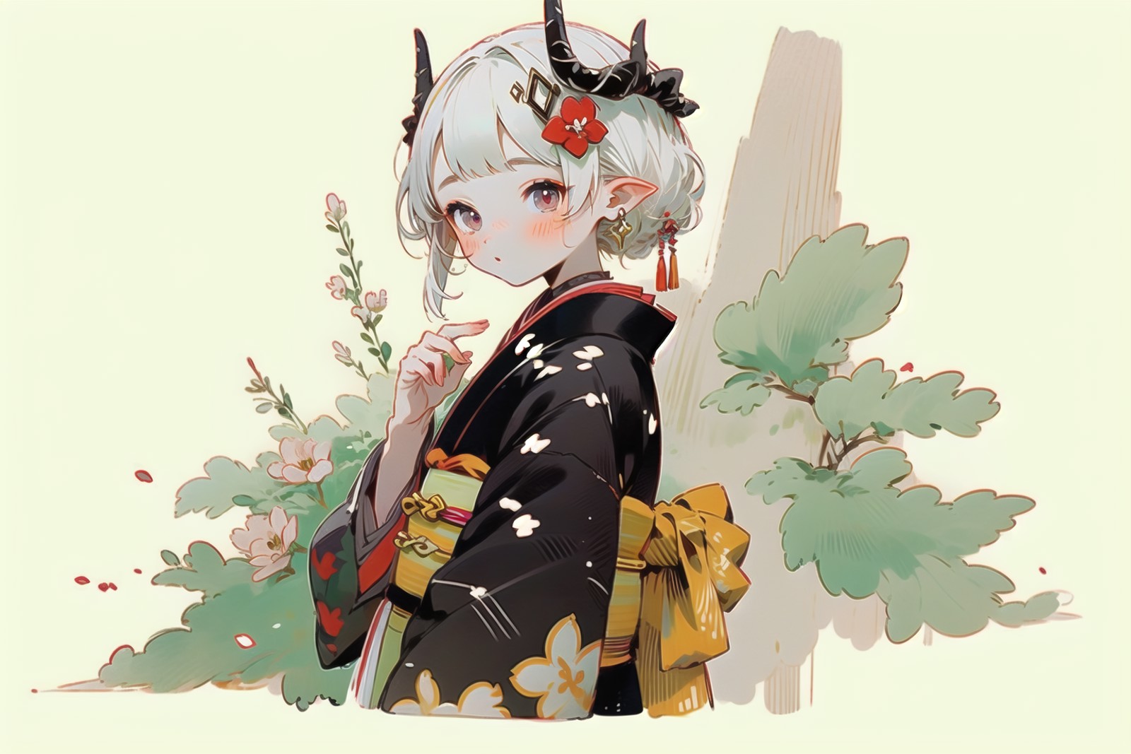 1girl, flower, obi ,Obsidian,horns,
flower, print kimono, 
   <lora:styleHanamizake-000005:1>,  <lora:Arknights-mudrock-Ob...