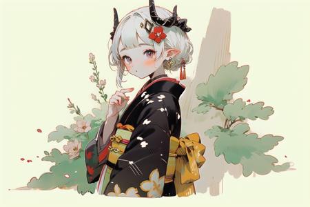 1girl, flower, obi ,Obsidian,horns,
flower, print kimono, 
   <lora:styleHanamizake-000005:1>,  <lora:Arknights-mudrock-Obsidian (With multires noise version):1>