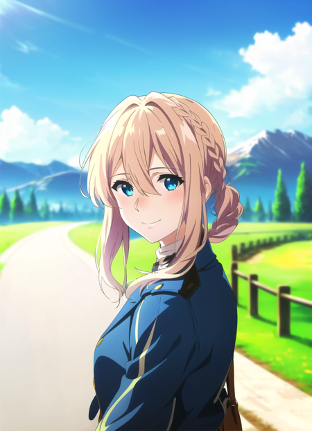 violet evergarden <lora:violet_evergarden_offset:1>, masterpiece, best quality, 1girl, solo, blonde hair, blue eyes, braid, hair between eyes, sky, smile, blurry, looking at viewer, bangs, closed mouth, blue jacket, hair intakes, cloud, jacket, outdoors, blurry background, mountain, day