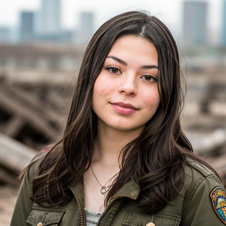 RAW photo, a close up portrait photo of miranda cosgrove in wastelander clothes, long haircut, pale skin, slim body, background is city ruins, (high detailed skin:1.2), 8k uhd, dslr, soft lighting, high quality, film grain, Fujifilm XT3 <lora:miranda cosgrove v1.3:1>