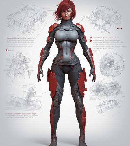 (no human) (blueprint art, design drawing:1.6) (ninja style:1.4), realistic, documentation, detailed repair diagram for creating a cyborg ninja, a detailed explanation, disassembly diagram, component blueprint. text, trial and error, design process, high-tech elegant hipline, thigh gap, perfect small breasts with hard nipples, long messy hair, captivating eyes, beautiful mouth. - standing T pose - (detailed design drawing:1.2), hyperrealistic blueprint in the style of artgerm and greg rutkowski, artstation. - background is design notes - masterwork composition. - full length view, (dynamic combat pose:1.3). perfect hands.( colors charcoal and blood red:1.4)