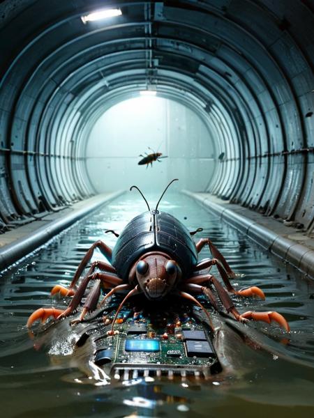 a roach surfing on a ral-semiconductor board through the sewer tunnels below the city on a wave of waste water <lora:ral-semiconductor:1>