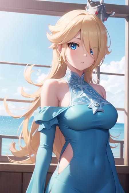 rosalina, blonde hair, blue eyes, hair over one eye, long hair, blue dress, crown, dress, earrings, jewelry, princess, robe, star earrings,