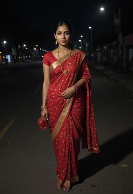 portrait of a indian woman wearing red pattern sari and gold jewellery, walking in a street at night, street lights, dramatic colors, dramatic lighting, professional photography, 8K, 4k, high quality, background blur,