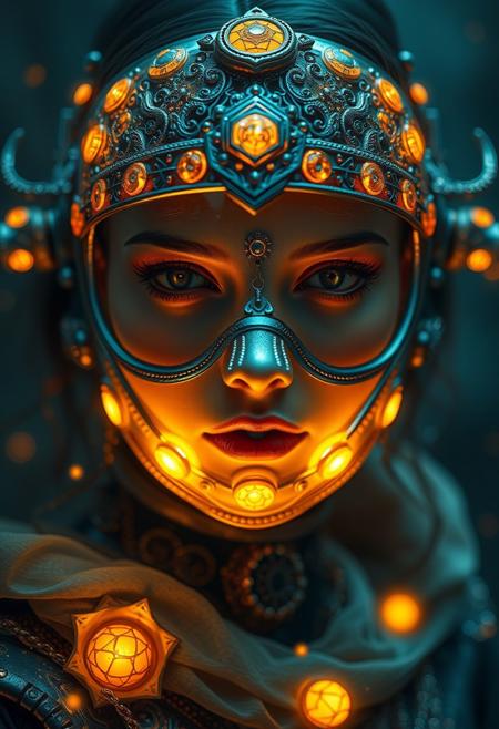 Surrealistic scene of woman with glass mask, magical, mystic, glowing, high quality, rich details, high sharpness, highly detailed, High Definition, Realistic, 8k, Sharp Focus, intricate details, dynamic angle, warm hues, realistic, photorealism, hd, 8k, high definition, score_9, score_8_up, score_7_up, score_6_up