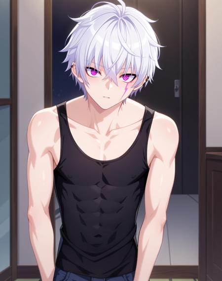 add_elsword, white hair, purple eyes, facial tattoo, 