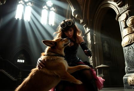A photo of a steampunk woman with huge brests playing wit a dog in a gothic castle, ray of light