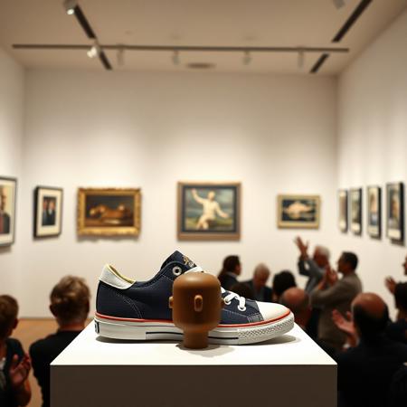 an art exhibition in which a tennis shoe is being displayed as a work of art, the public, which is rich, applauds the work