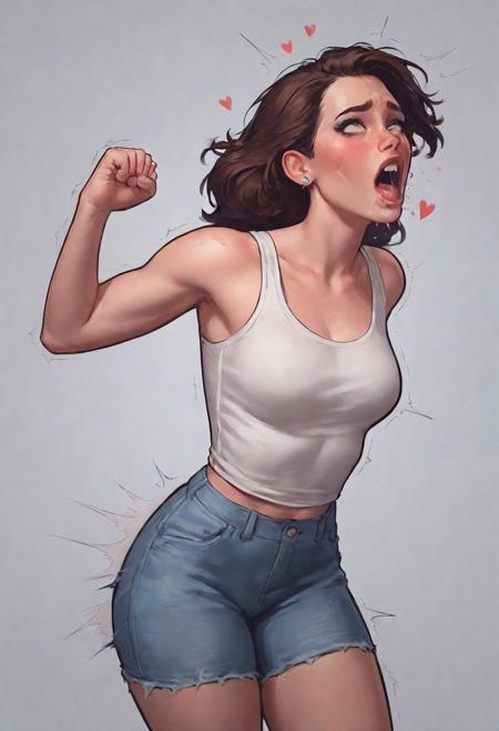 score_9, score_8_up, score_7_up, score_6_up, score_5_up, score_4_up , slutty brunette woman standing with her shaky legs crossed, forced to a sudden orgasm shock by a hypnotic trigger device, hysterical orgasm, wagging her hands, shaky, trembling, hysterically excited, blushed face, hysterical moans, cumming hard