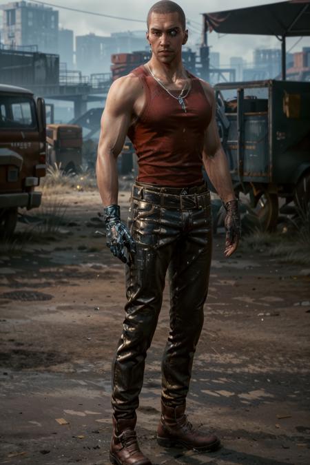 (masterpiece, best quality:1.2)
RiverCyber, 1boy, male focus, solo, gloves, dog tags, fingerless gloves, boots, bald,realistic, tank top, pants, jewelry, necklace, standing, mechanical eye, muscular
<lora:add_detail:0.7> <lora:epi_noiseoffset2:1>  <lora:RiverCyber:0.9>